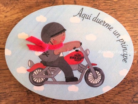Placa para puerta niño con moto Harley (Aquí duerme un Príncipe)