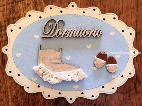 Placa puerta Dormitorio fondo azul - 20 cm. (con texto DORMITORIO)