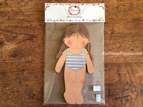 Muñeca recortable madera y vestido 20 cm. 2 coletas bañador gris