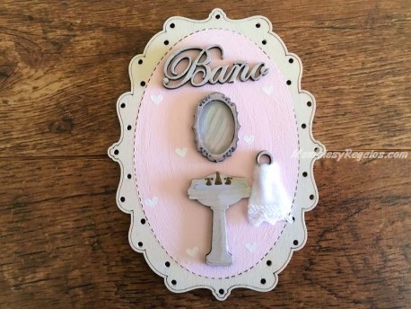 Placa de puerta baño con texto madera - 16 cm. (texto BAÑO sobre fondo en color rosa)