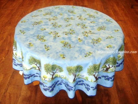 Mantel Antimanchas - Modelo OLIVAS Y ÁRBOLES - Azul (foto solo del mantel redondo de 1,80 mt.)