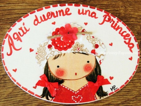 Placa para puerta niña vestido rojo sombrero flores (Aquí duerme una Princesa)
