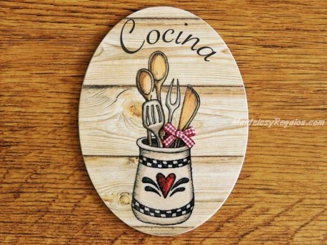 Placa de cocina con tarro y utensilios (con texto COCINA)