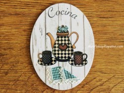 Placa de cocina con cafetera y tazas (con texto COCINA)
