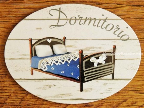 Placa de dormitorio con cama colcha azul (con texto DORMITORIO)