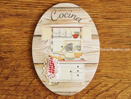 Placa de cocina con alacena y fondo madera clara (con texto COCINA)